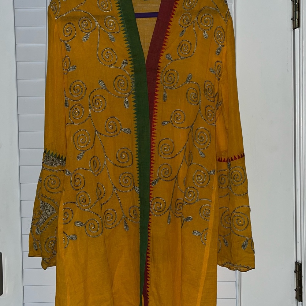 Paul Ropp Embroidered Beach Kimono Cover Up S Small Gypsy Cape Yellow Orange